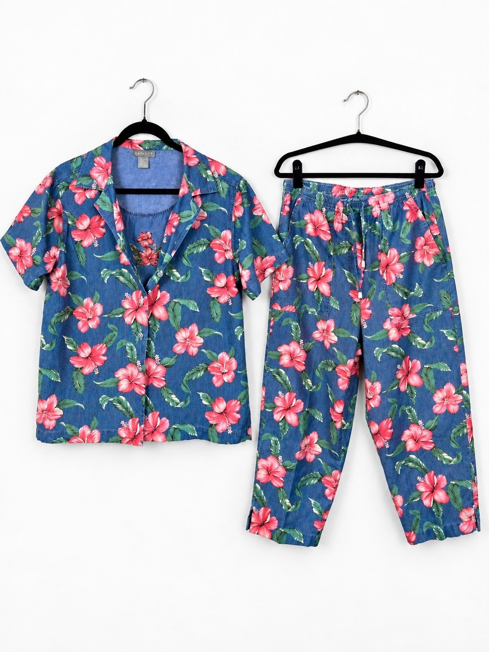 Vintage 90s Capacity Hibiscus Denim Cotton 2 Piece Pant Set L Hawaiian Floral